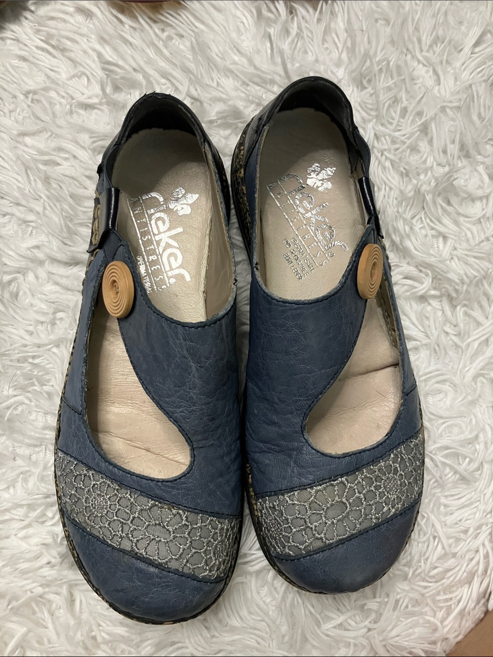 Rieker Navy Blue and Gray Cutout Mary Jane Flats